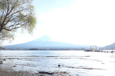 Scenic view of lake by snowcapped mountains against sky