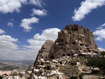 Low angle view of rock formations against sky