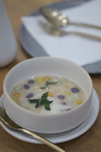 High angle view of soup in bowl on table