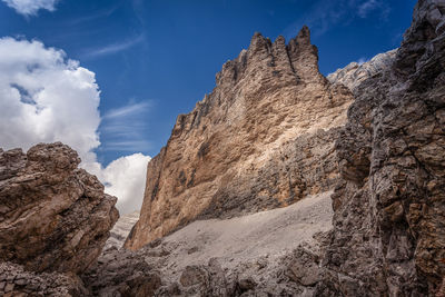 Low angle view of rock formations against sky