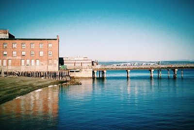 Calm sea against clear blue sky