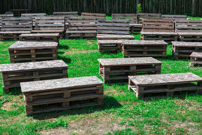 Wooden tables of outdoor terrace . empty outdoor seats