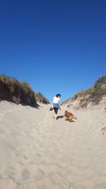 Rear view of woman with dog walking at sandy beach