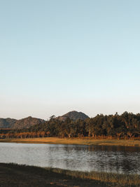 Scenic view of lake against clear sky