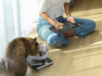 Low section of woman writing on digital tablet while cat smelling headphones