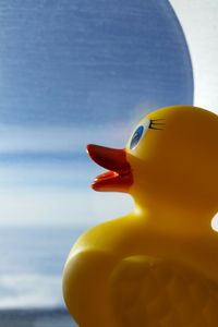 Close-up of rubber duck by airplane window