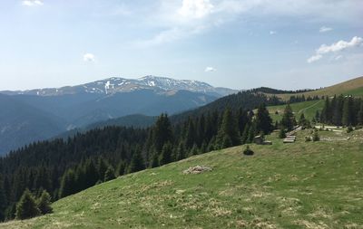 Scenic view of landscape and mountains against sky