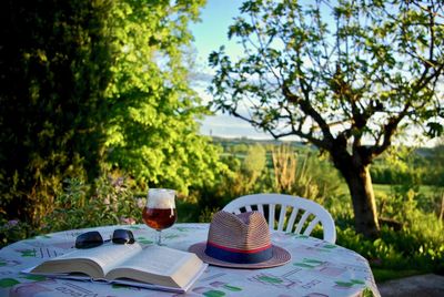 View of open book on table at park