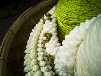 High angle view of white roses in container