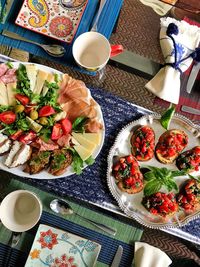 High angle view of meal served on table