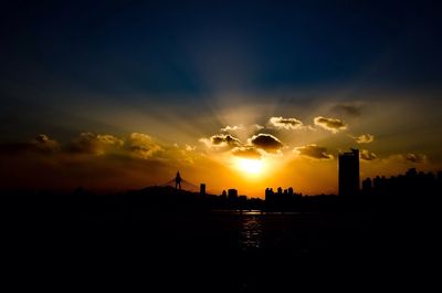 Silhouette of city at sunset