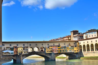 Bridge over river in city against blue sky