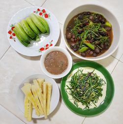 High angle view of meal served on table