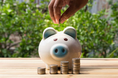 Cropped hand putting coin in piggy bank on table