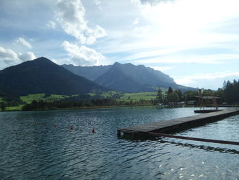Scenic view of lake against cloudy sky