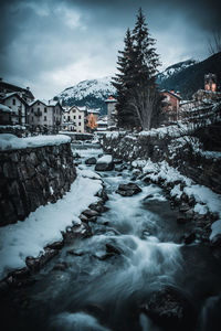 Snow covered houses and trees against sky