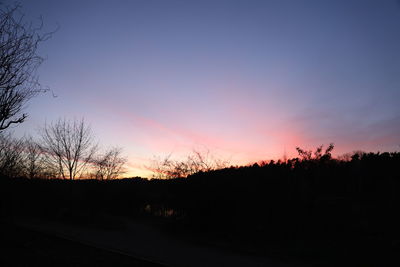 Silhouette trees on landscape against clear sky at sunset