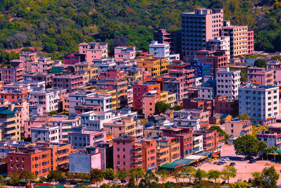 High angle view of buildings in city