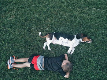 High angle view of young man lying on street