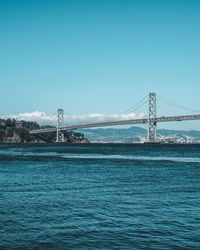 Suspension bridge over sea against clear blue sky