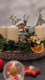 High angle view of christmas decorations on table