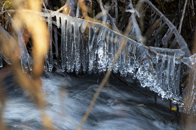 Close-up of waterfall along river during winter