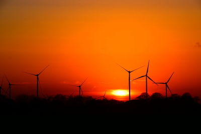 Silhouette of wind turbines during sunset