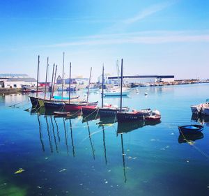 Boats moored at harbor against blue sky