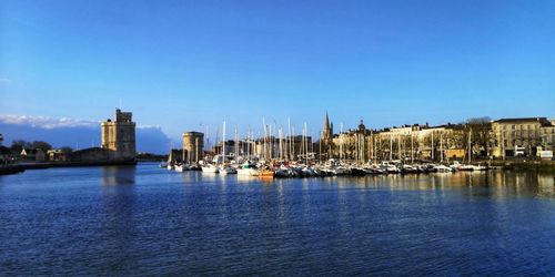 Sailboats in river by buildings against clear blue sky