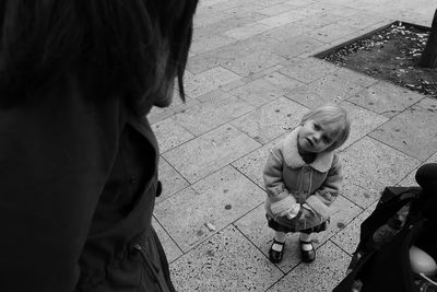 High angle view of people on footpath