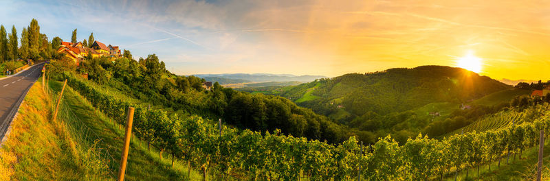 Scenic view of mountains against sky during sunset