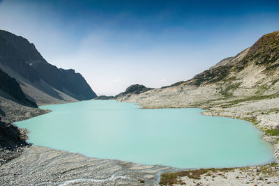 Scenic view of lake and mountains against sky