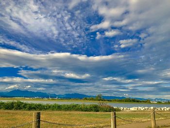 Scenic view of field against cloudy sky