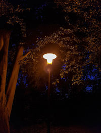 Low angle view of illuminated street light at night