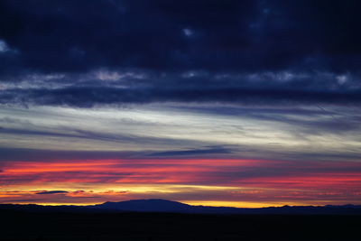 Silhouette landscape against dramatic sky during sunset