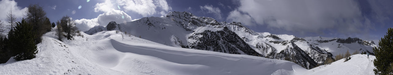 Panoramic view of snowcapped mountains against sky