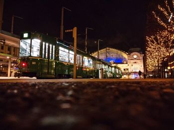 View of city lit up at night