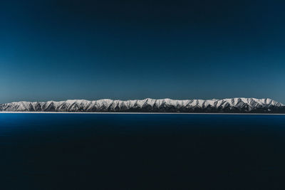 Scenic view of snowcapped mountains against clear blue sky