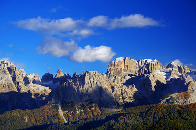 Panoramic view of mountains against blue sky