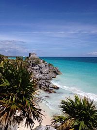 Scenic view of sea against blue sky