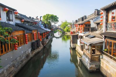 High angle view of canal amidst houses against clear sky