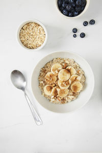 High angle view of breakfast served on table