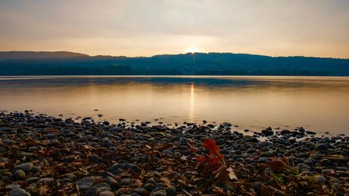 Scenic view of lake against sky during sunset