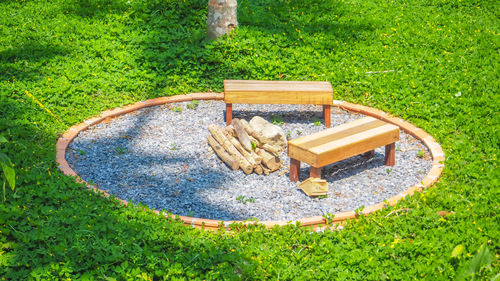 High angle view of food on grassy field