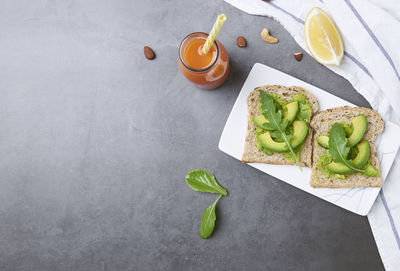 High angle view of breakfast on table
