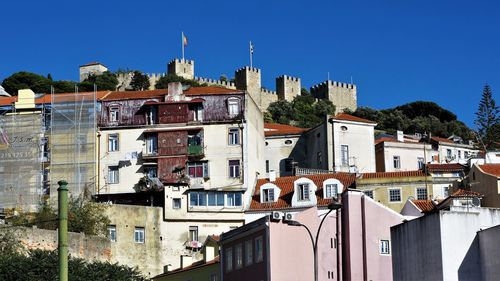 Buildings in city against clear blue sky