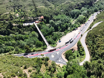 High angle view of road amidst trees in city