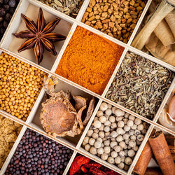Full frame shot of various spices in container