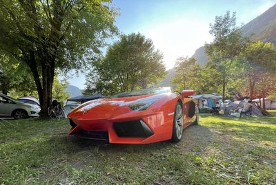 Red car on field against sky