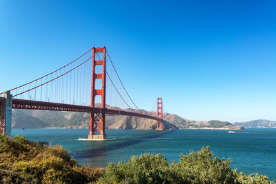 View of suspension bridge against clear blue sky